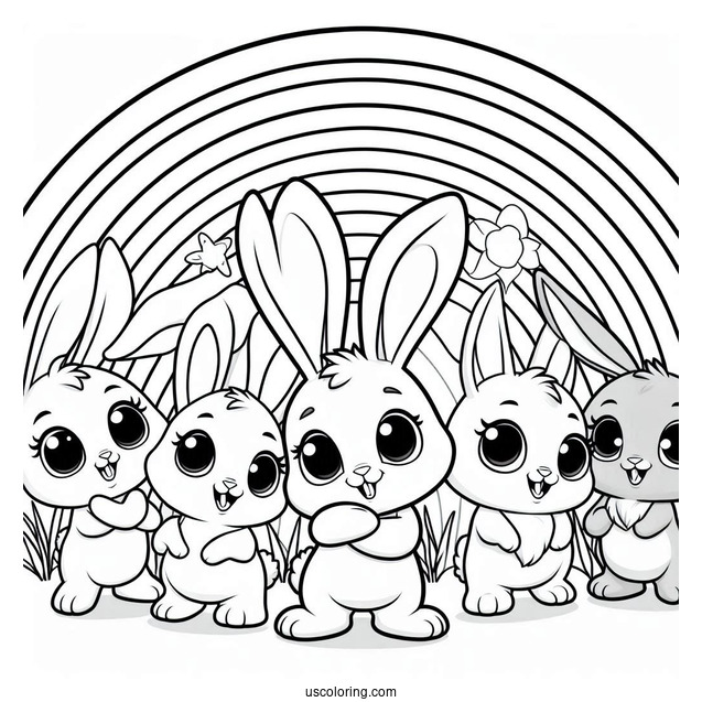 Sunny Bunnies Coloring Page Of Big Boo, Iris, Turbo, Shiny, And Hopper On A Rainbow
