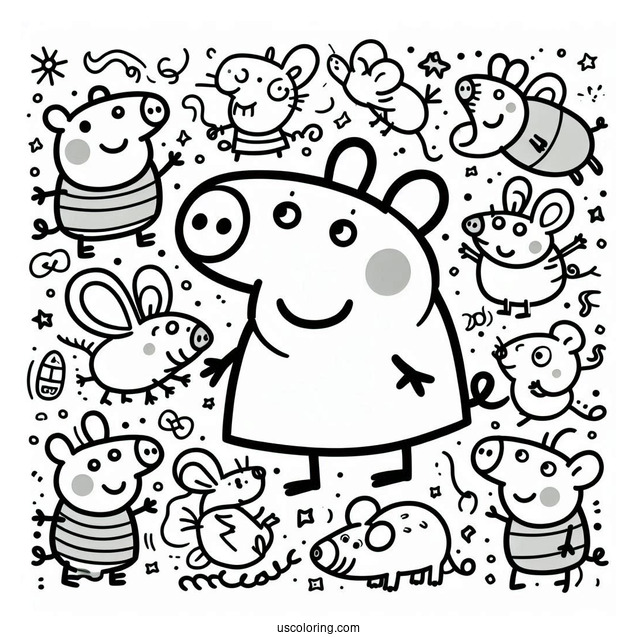 Peppa Pig And Many Mouse Coloring Page