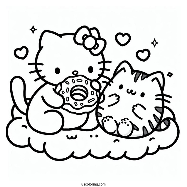 Hello Kitty And Pusheen Eating Donut On Clouds