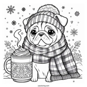 Winter Pug with Latte and Scarf Coloring Page