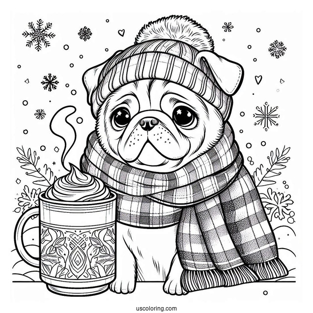 Winter Pug with Latte and Scarf Coloring Page