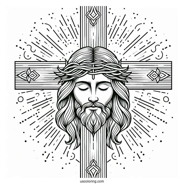 Elegant Cross Coloring Page With Jesus s Face At The Center