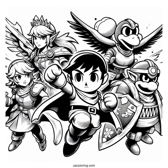 Super Smash Bros Coloring Page Of Captain Falcon, Lucina, Villager, Richter, King Dedede