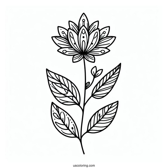 Easy Flower Mandala Coloring Page With Stem And Long Leaves