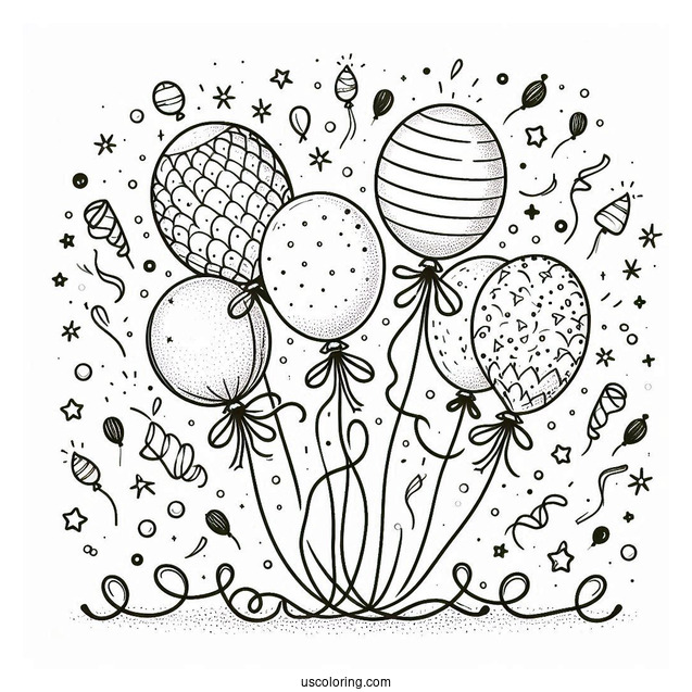 Celebration Balloons With Confetti To Color