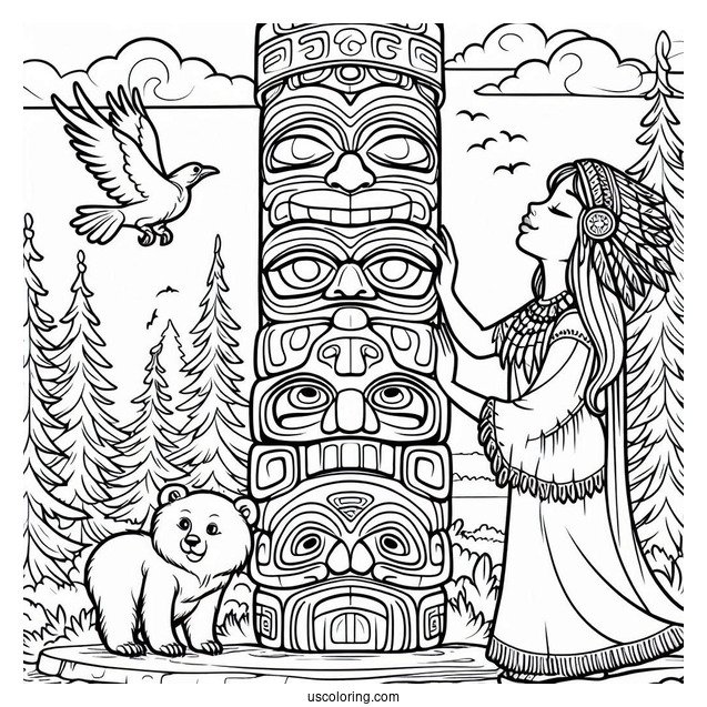 Cartoon Native American Coloring Page Women Beside Totem Pole