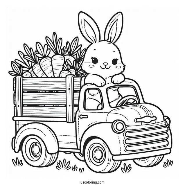 Easter Bunny Coloring Page At The Back Of Pick Up Truck With Carrots