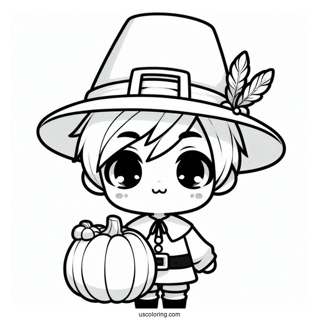 Kawaii Chibi Boy Pilgrim Coloring Page Holding A Pumpkin For Kids