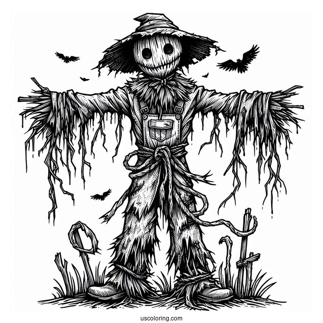 Terrifying Scarecrow Coloring Page With Tattered Clothes