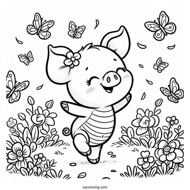 Happy Piglet Coloring Page Dancing In The Garden With Butterflies