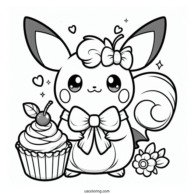 Raichu Coloring Page With Bow And Cupcake For Preschoolers