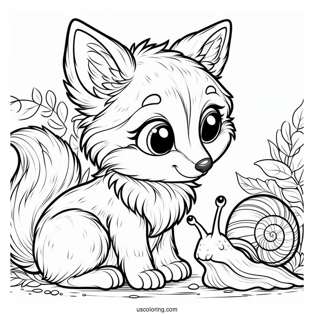 Young Fox Coloring Page Watching A Large Snail On A Leaf