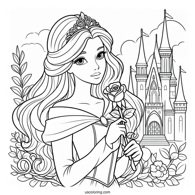 Princess Coloring Page Of Aurora Holding Rose Outside Castle