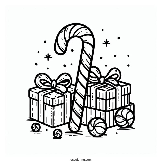 Candy Cane With Christmas Presents To Color