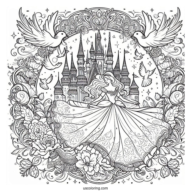 Fantastical Cinderella Mandala With A Castle And Doves