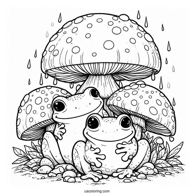Frogs Sheltering Under A Mushroom Coloring Page