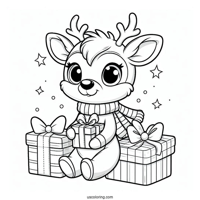 Cute Rudolph Coloring Page Sitting With Christmas Presents For Kids