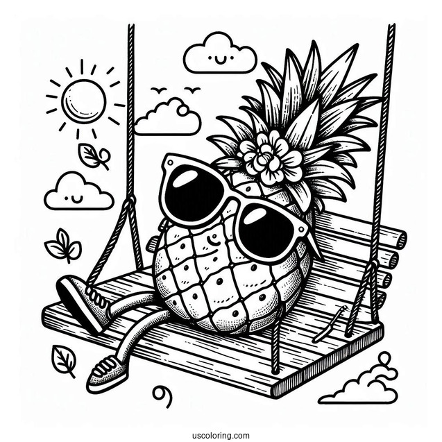 Pineapple Coloring Page on Swing Wearing Sunglasses and Hat