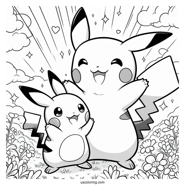 Happy Pikachu And Raichu Coloring Page On A Field