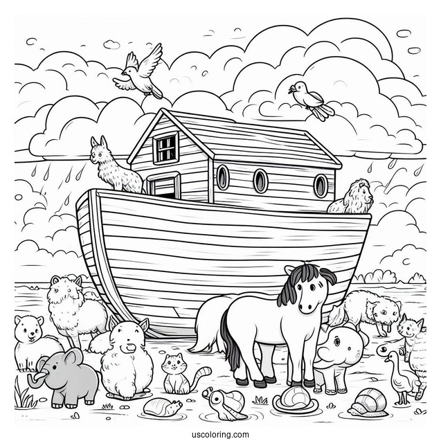 Simple Cartoon Noah's Ark Coloring Page Filled With Animals