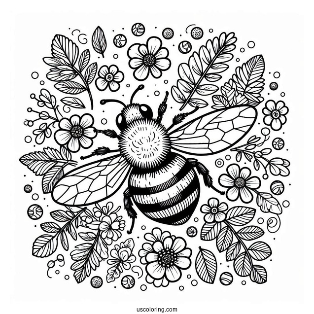 Top View of Bee Coloring Page Surrounded By Flowers