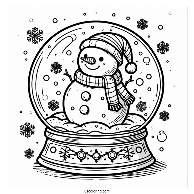 Snow Globe Coloring Page With A Snowman Wearing A Santa Hat