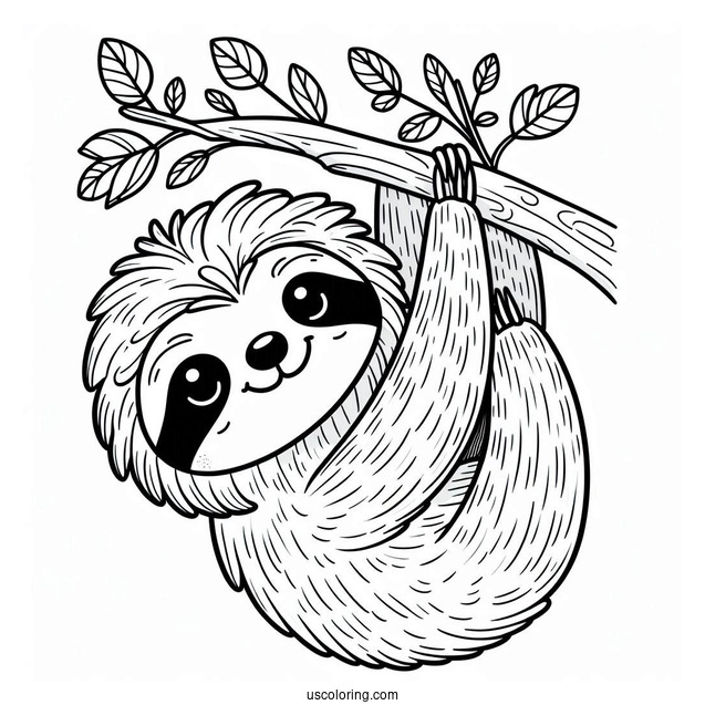 Cute Sloth Hanging From Tree To Color For Kids