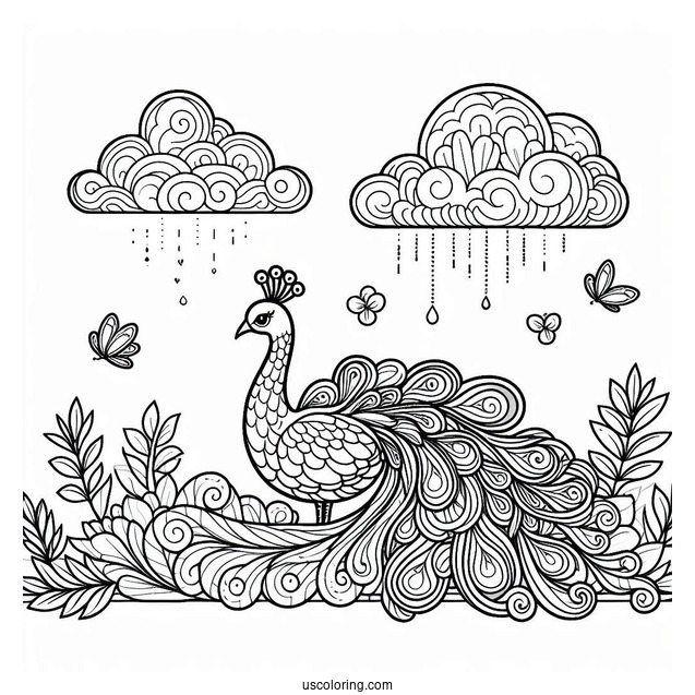 Peacock Coloring Page and Bird Under Cloudy Sky For Kids