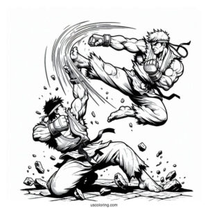 Street Fighter Coloring Page Of Ken Masters Knocking Out Ryu In Battle