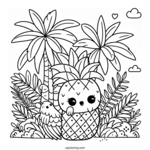 Kawaii Pineapple Coloring Page With Parrot in Tropical Jungle For Kids