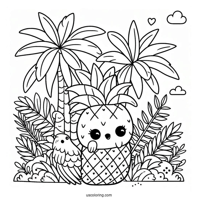 Kawaii Pineapple Coloring Page With Parrot in Tropical Jungle For Kids