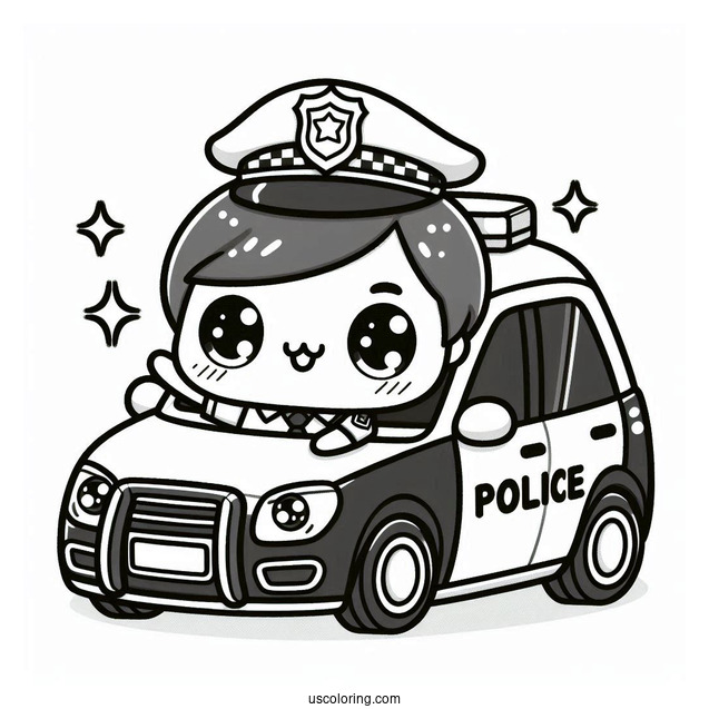 Kawaii Police Car Coloring Page With An Officer Inside Waving For Preschoolers