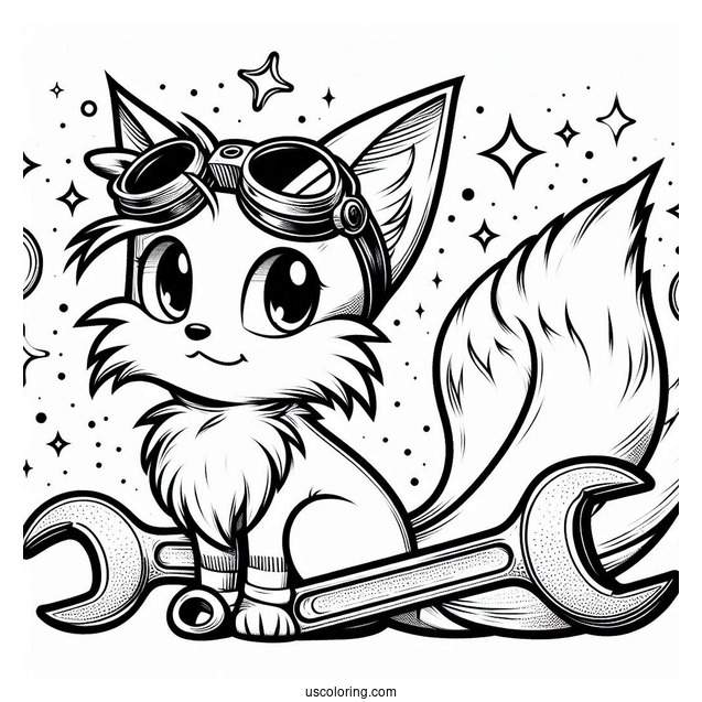 Detailed Tails Coloring Page With Goggles and Wrench