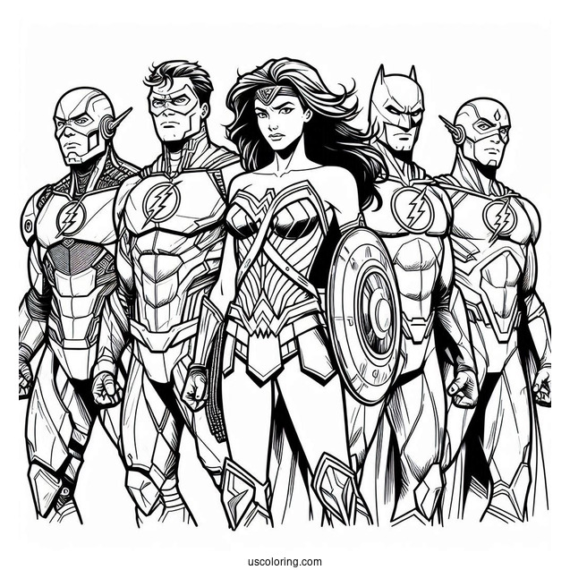 Justice League Coloring Page Of Cyborg, Green Lantern, Flash, Wonder Woman, Batman, And Superman