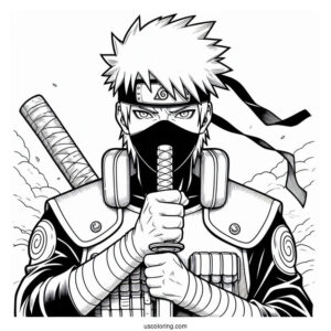 Detailed Hatake Kakashi Coloring Page Holding A Kunai