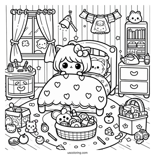 Kawaii Kid's Bedroom Coloring Page Full Of Toys For Kids