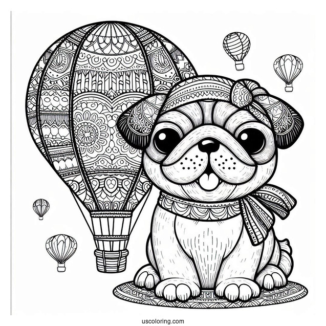 Pug Coloring Page in Patterned Hot Air Balloon for Kids