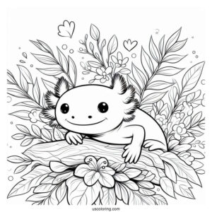 Shy Axolotl Coloring Page Hovering Above Flowers And Leaves