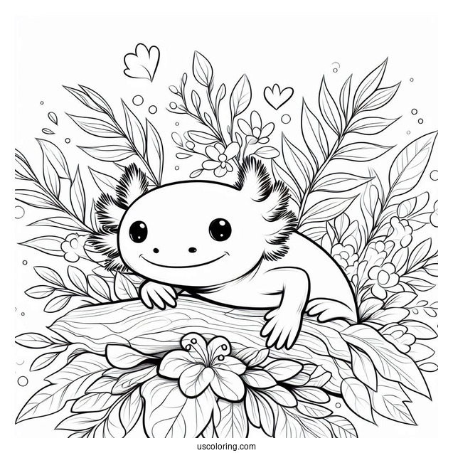 Shy Axolotl Coloring Page Hovering Above Flowers And Leaves
