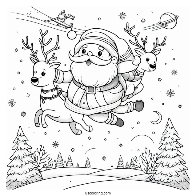 Santa Flying In The Sky With His Reindeer To Color