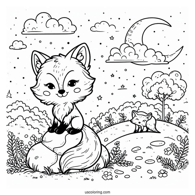 Content Little Fox Coloring Page Sitting On A Rock