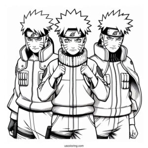 Naruto Coloring Page of Team Seven With Kakashi, Iruka, And Third Hokage