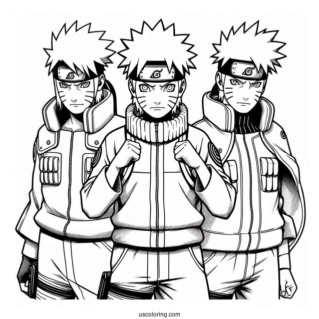 Naruto Coloring Page of Team Seven With Kakashi, Iruka, And Third Hokage