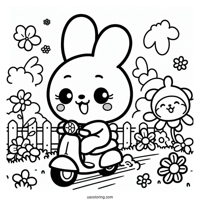 Pochacco Coloring Page And Friend Riding a Scooter On The Grass