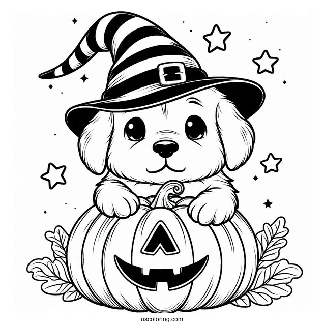 Adorable Puppy Wearing A Witch Hat While Hugging A Pumpkin Coloring Page