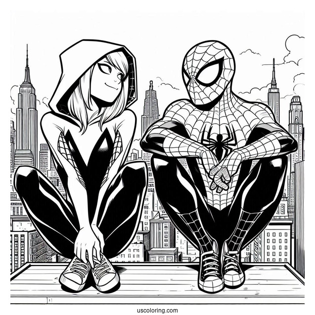Miles Morales And Spider-Gwen Coloring Page Sitting Together On A Rooftop