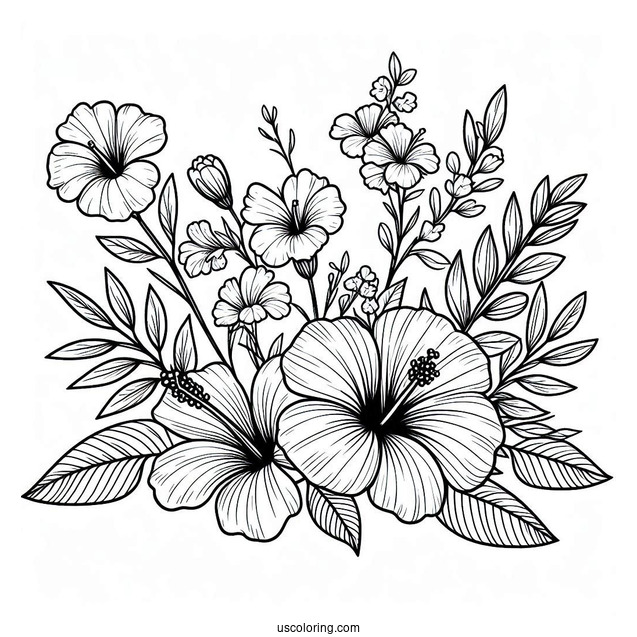 Flower Coloring Pages Of Small Bouquet Of Hibiscus, Lilies, And Wildflowers
