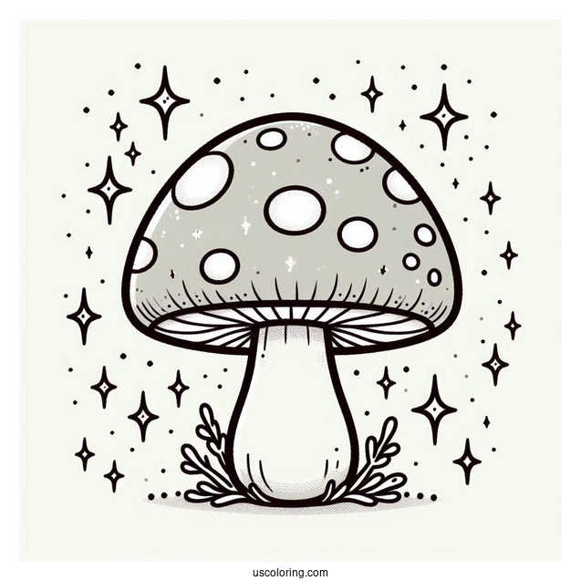 Mushroom Coloring Page With Spotted Cap And Sparkly Background