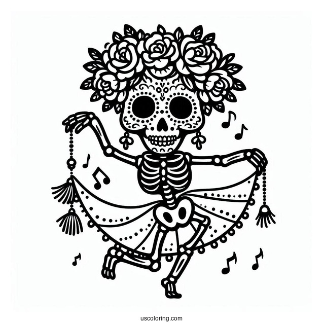 Skeleton Coloring Page Of Sugar Skull With Flower Crown Dancing