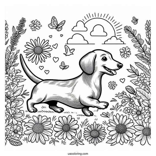 Dachshund Coloring Page Running In Flower Garrden